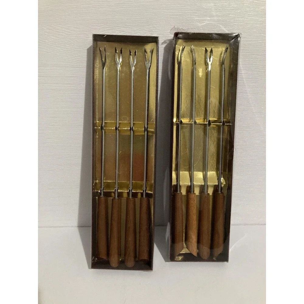 NOS Fondue Forks Teak Wood Handles Stainless Steel 2 Sets Vintage‎ MCM